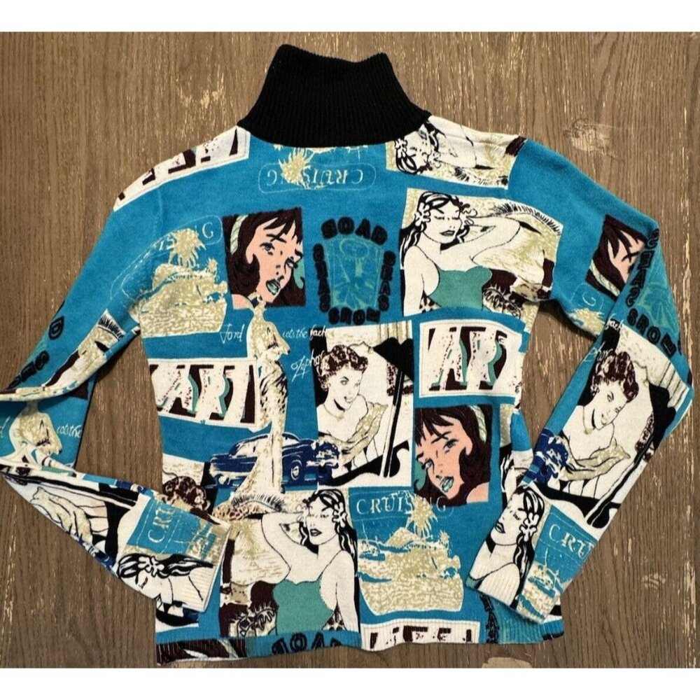 vtg noun Paris full zip cardigan Sweater Jacket Sequin Pin Up Girl Aqua Retro To - Picture 12 of 14